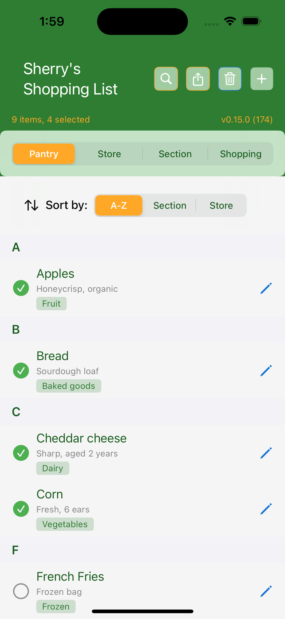 Sherry's Shopping List - Pantry view showing organized grocery items