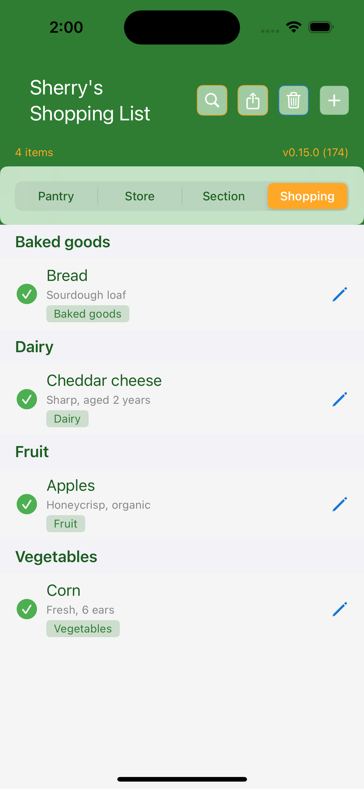 Sherry's Shopping List - Shopping view with items to buy